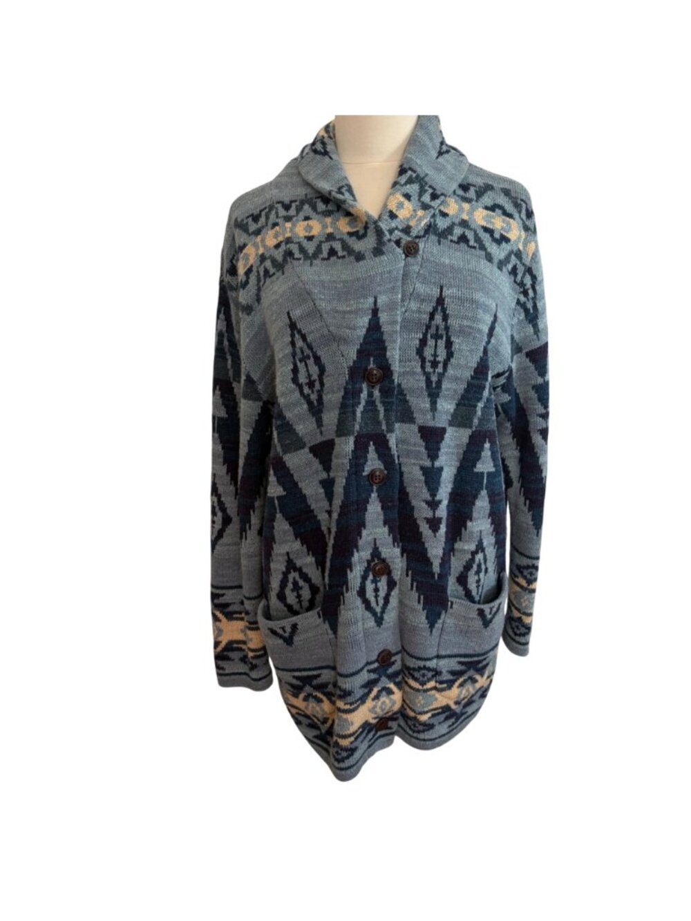 Polo Ralph Lauren Aztec Shawl Cardigan Sweater Women XL Blue Cotton Southwestern - Picture 4 of 14